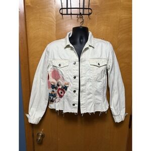 Cheap Monday Womens Floral Embroidered White Denim Jacket Cotton Distressed Sz M